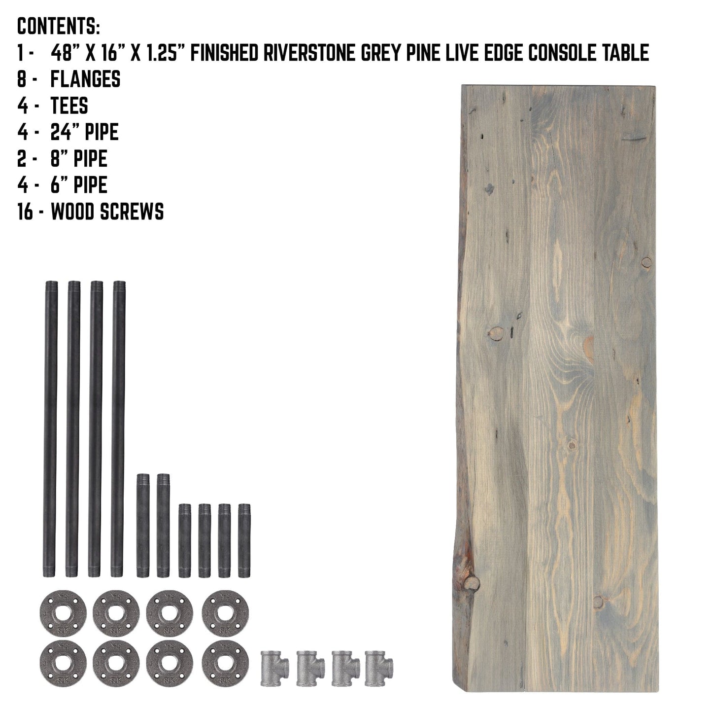 RESTORE Riverstone Grey Solid Live Edge Wood Console Table PIPE DECOR