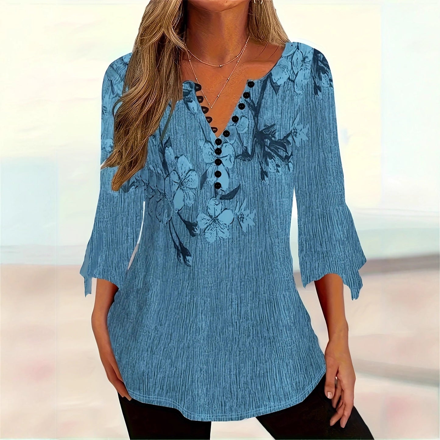 Women’s Printed Spike Button Three-Quarter Sleeve Casual Top FitiqueFit