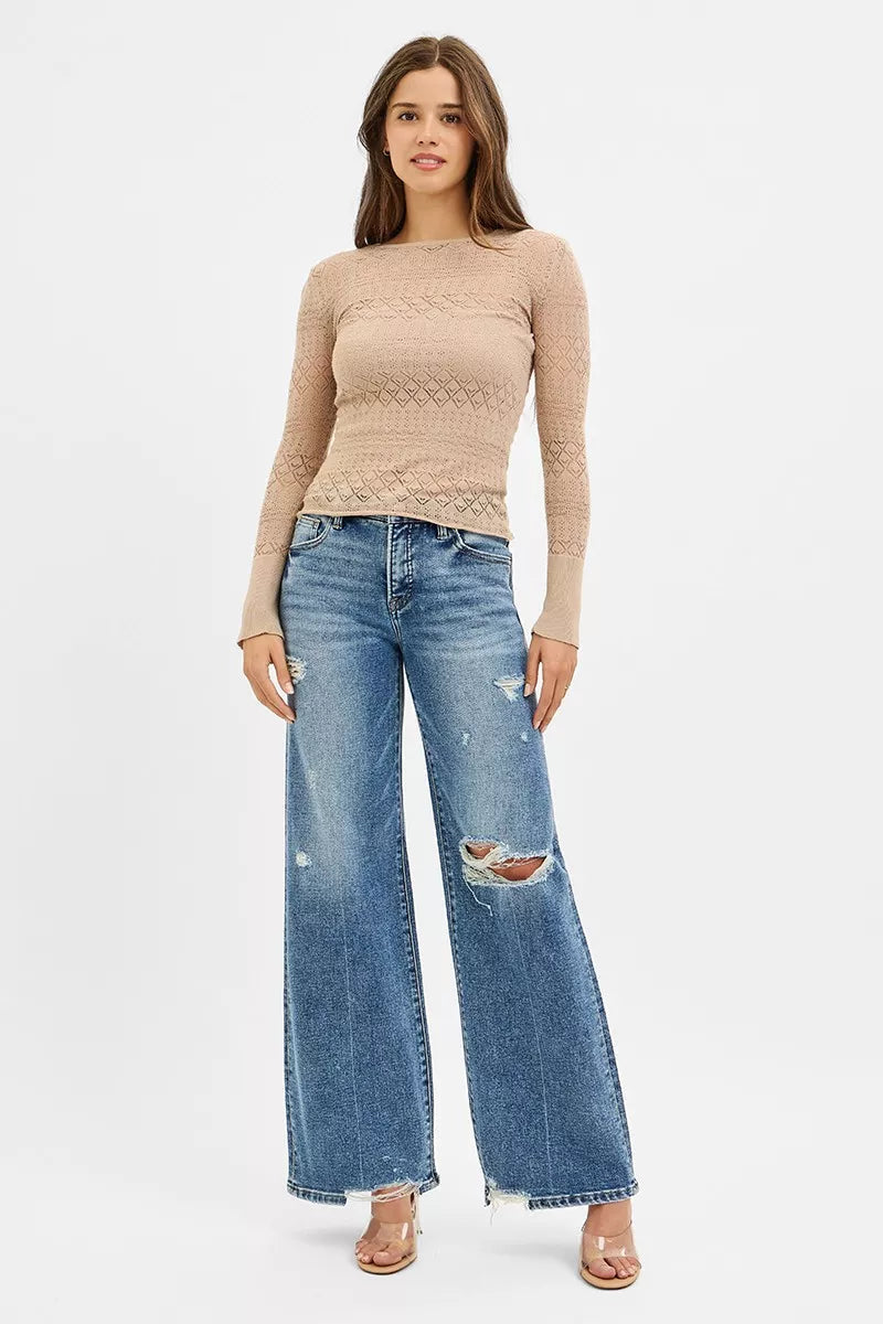 RISEN Tummy Control Mid Rise Fit Wide Jeans West2East Surf