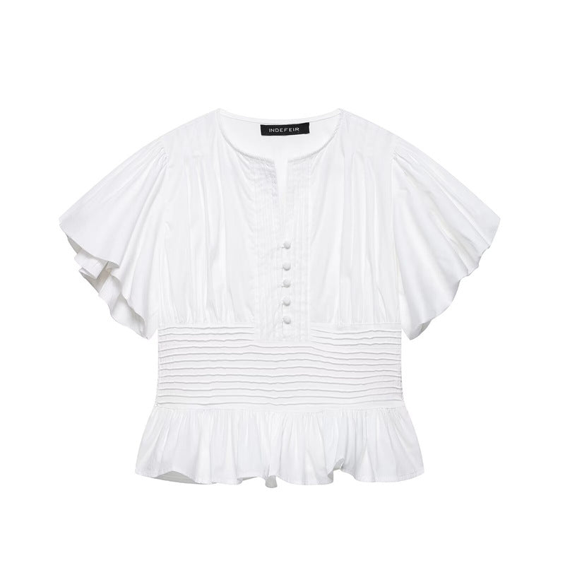 Women's Ruffle-Trim Puff-Sleeve Blouse Top – Slim-Fit Elegant FitiqueFit