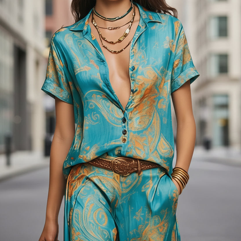Women's Bohemian Printed Resort Two-Piece Set – 3/4 Sleeve Shirt & Pants FitiqueFit