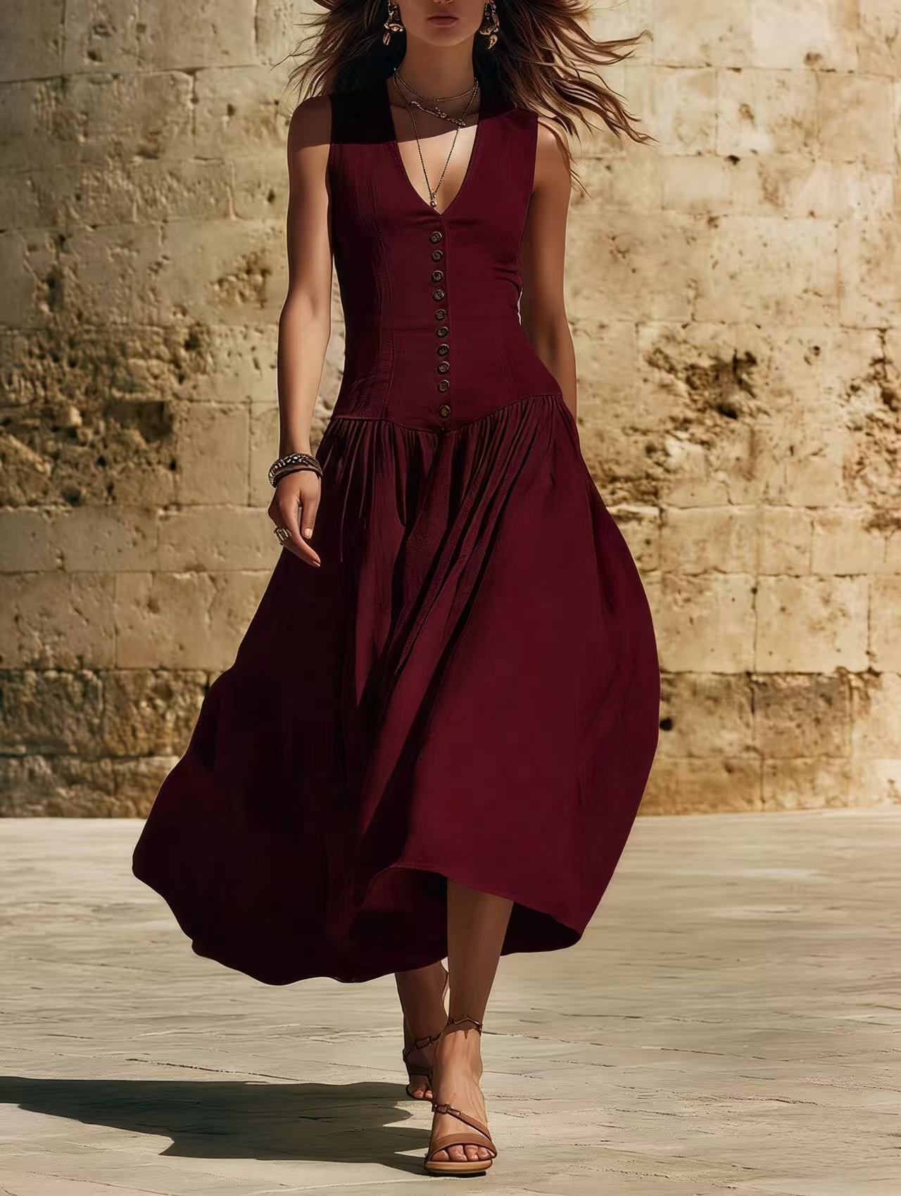 Sleeveless V-Neck Button Dress – Elegant Cotton-Linen Maxi Dress FitiqueFit