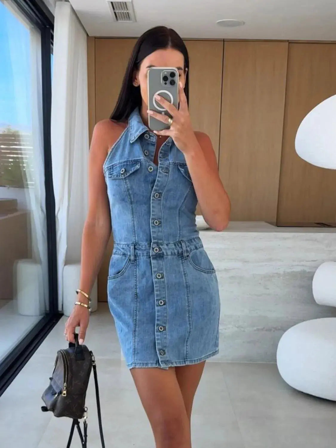 Button Front Sleeveless Denim Mini Dress New Era Fashion LLc