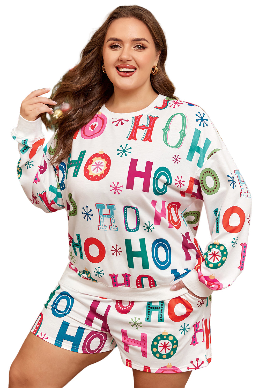 White Plus Size Christmas Ho Ho Ho Print Long Sleeve Top and Shorts 2pc Lounge Set Garden Naked Curves