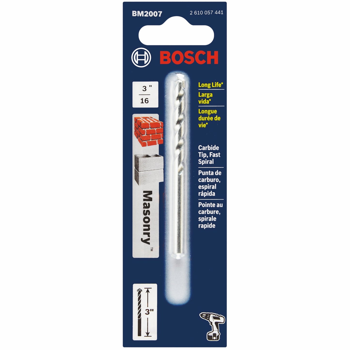 BOSCH BM2007 3/16 In. X 2 In. X 3 In. Fast Spiral Rotary Masonry Drill Bit VM Hardware