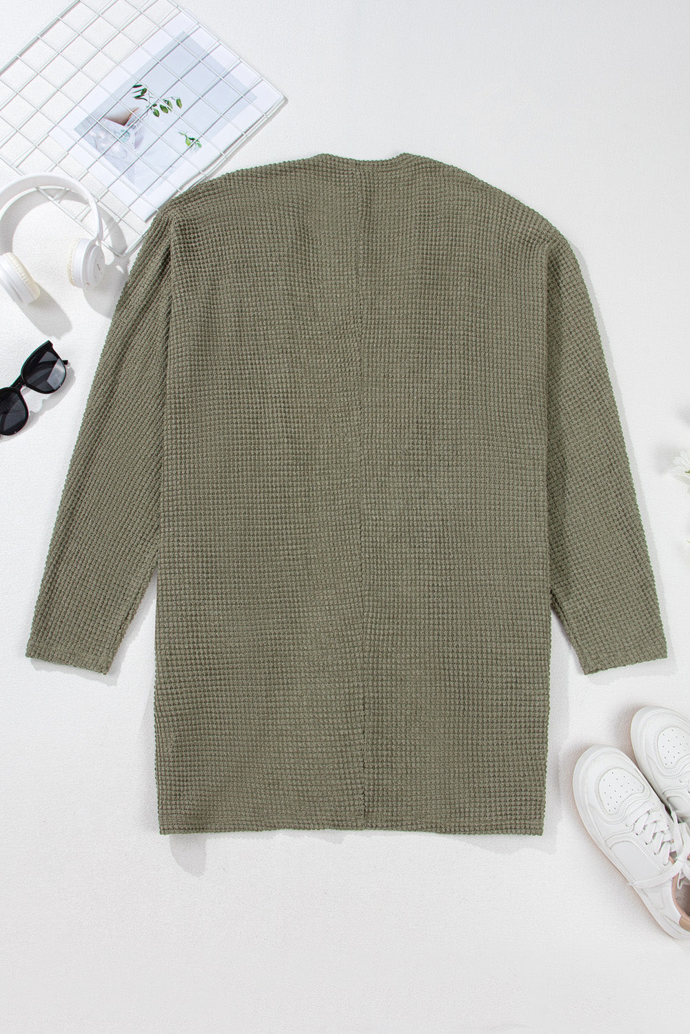 Seagrass Waffle Knit Drop Shoulder Open Front Pocketed Plus Size Cardigan Garden Naked Curves