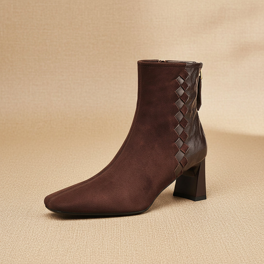 Women's Sheepskin Square Toe Chunky Heel Ankle Boots – Korean Patchwork Style FitiqueFit