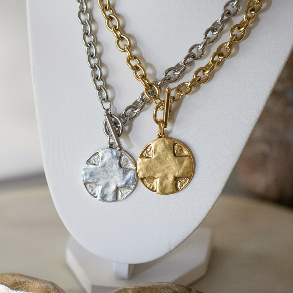 The Lord's Prayer Cross Medallion Toggle Necklace Gold or Silver Deep South Originals