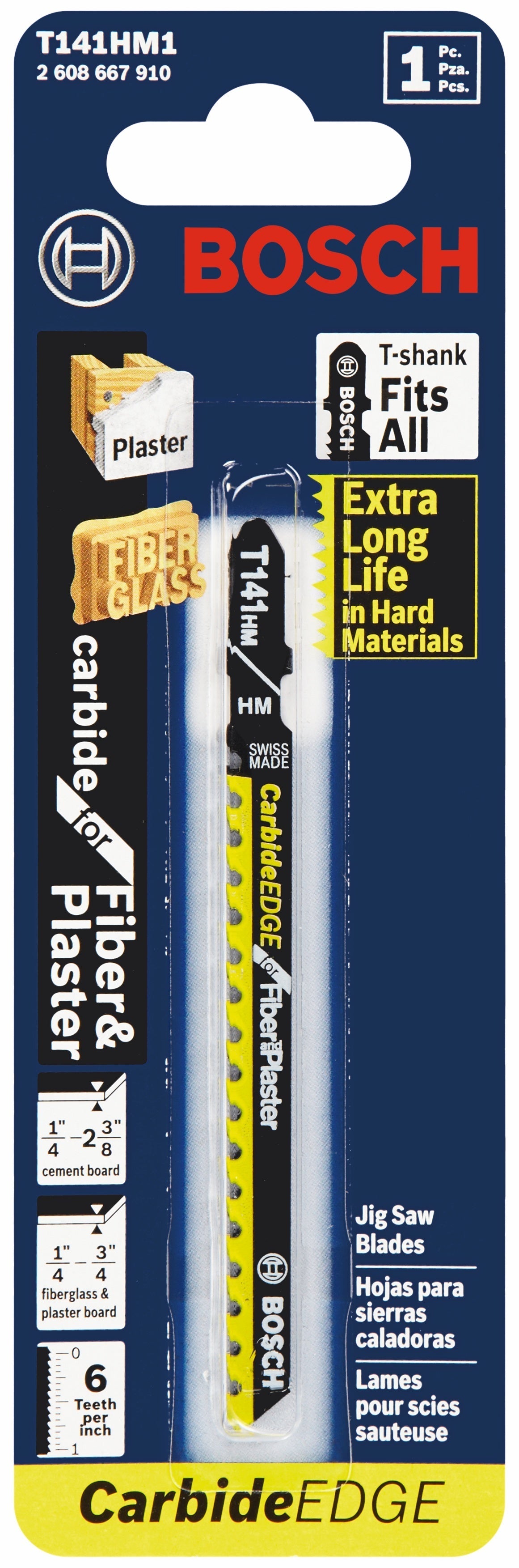BOSCH T141HM1 4 In. 6 TPI Carbide Edge for Fiber Glass and Plaster T-Shank Jig Saw Blade VM Hardware