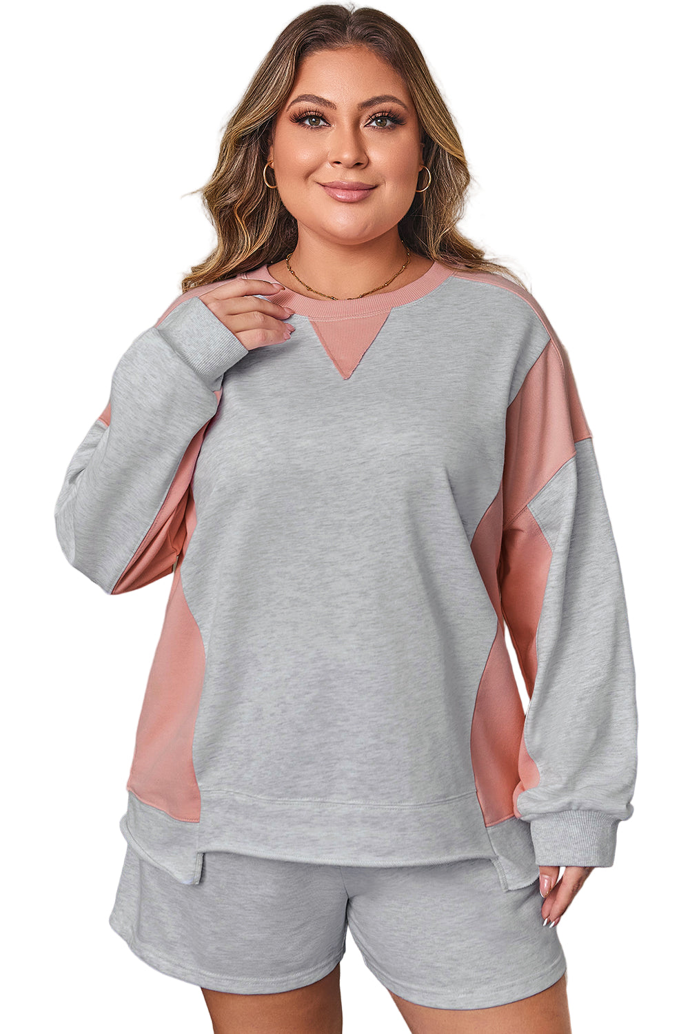 Light Grey Uneven Hem Colorblock Pullover Casual Shorts Plus Size 2pcs Outfit Garden Naked Curves