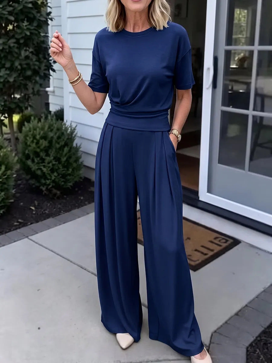 Women's Loose Crew-Neck T-Shirt & Wide-Leg Pants Two-Piece Set FitiqueFit