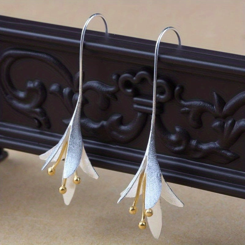 Female Fashion Vintage Blooming Flowers Two Tone Dangle Hanging Engagement Jewelry Earrings NovaCart