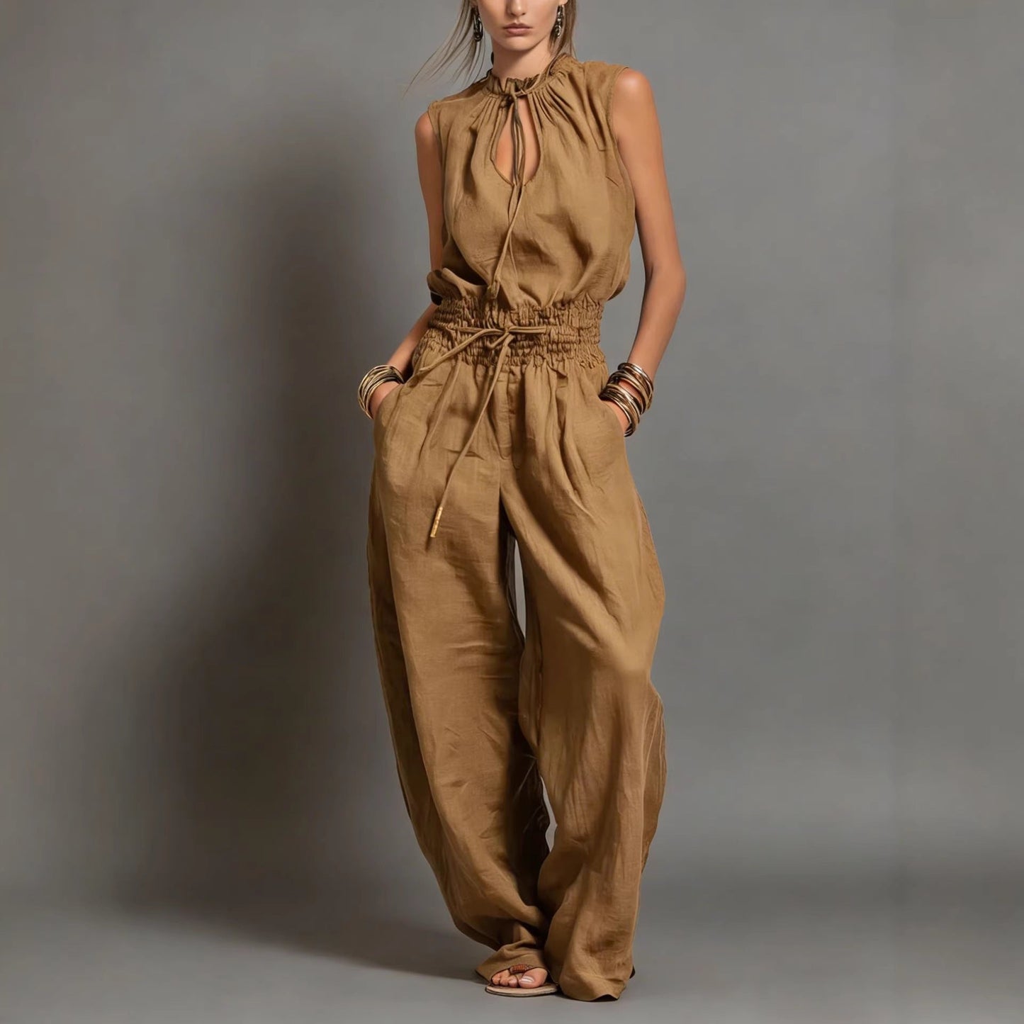 Women's Sleeveless High-Waist Wide-Leg Pleated Jumpsuit FitiqueFit