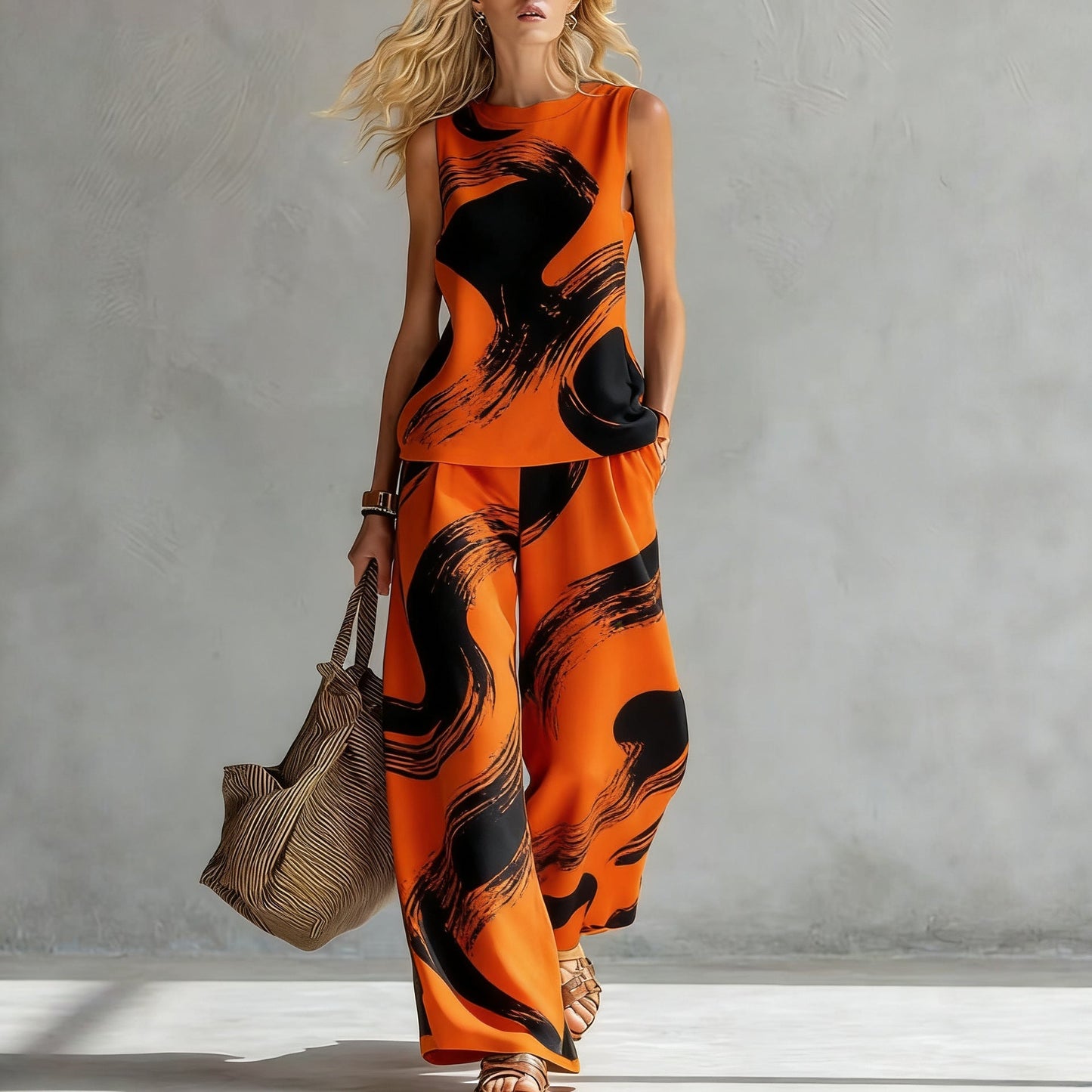 Women's Sleeveless Printed Tank Top & Wide-Leg Pants Two-Piece Set FitiqueFit