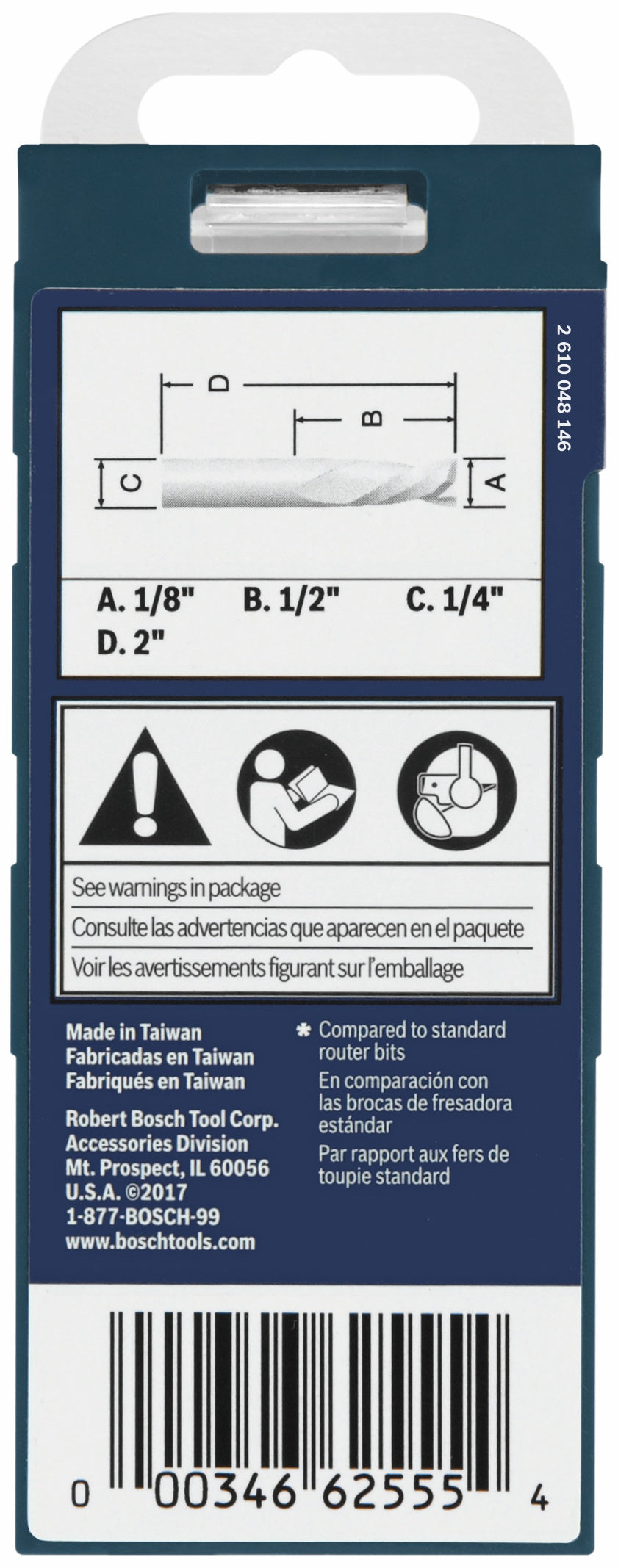 BOSCH 85900MC 1/8 In. x 1/2 In. Solid Carbide Double-Flute Down Cut Spiral Router Bit VM Hardware