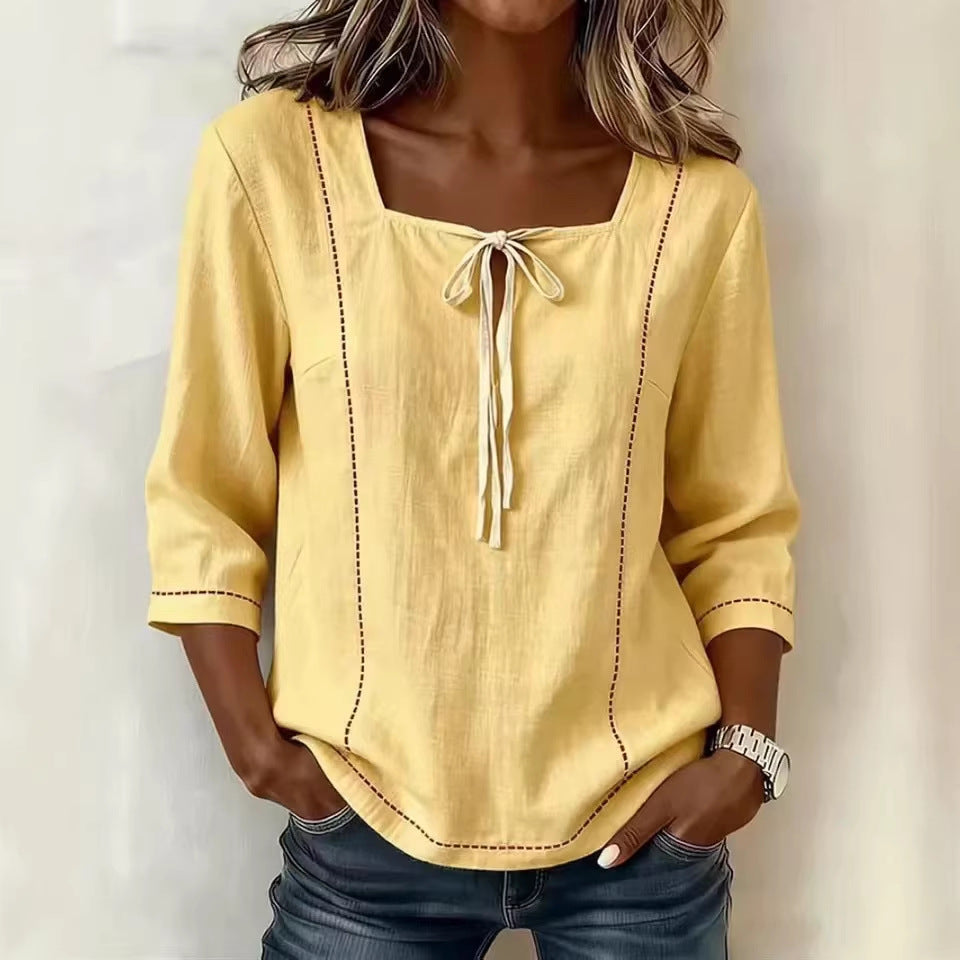 Printed Lace-Up Square-Neck Shirt – Three-Quarter Sleeve, Ramie FitiqueFit