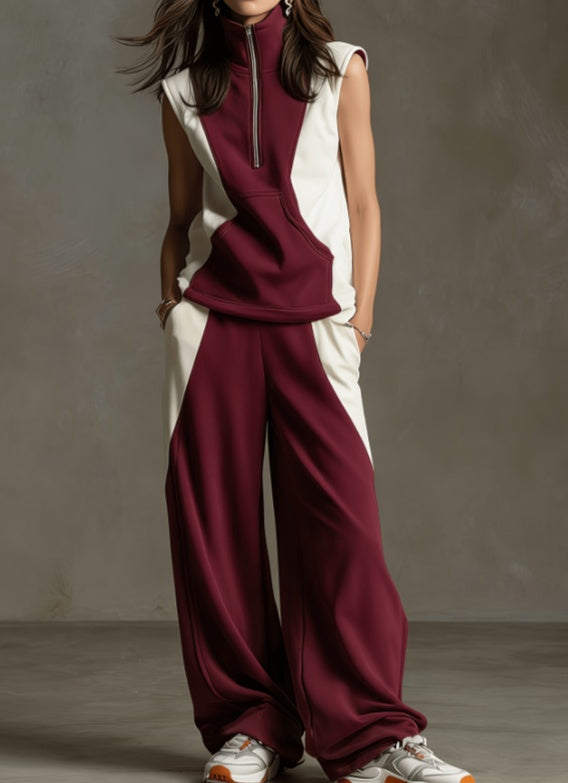 Women's Contrast Color Sleeveless Zip Collar Sportswear Set FitiqueFit