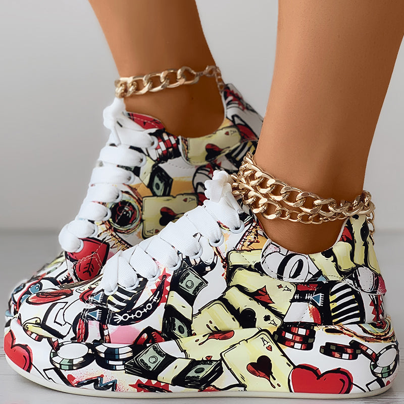 Women's Casual Round Toe Thick Sole Lace-Up Sneakers, Random Print Design, Comfortable Sporty Shoes For Daily Wear See size chart under “more details” The Fashion Celestial