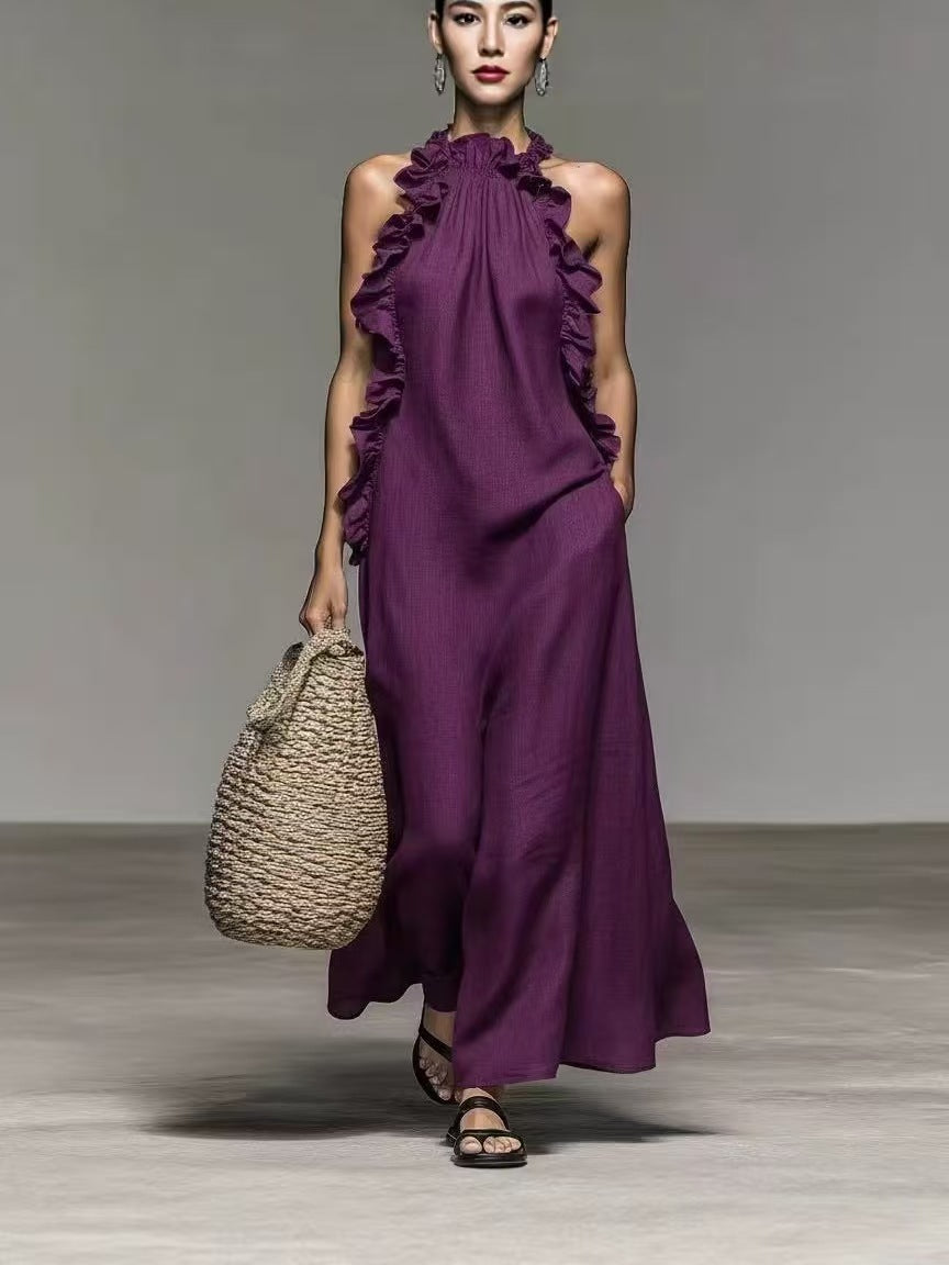 Halter Neck Ruffled Sleeveless Dress – Loose Fit Flowy Dress With Pockets FitiqueFit