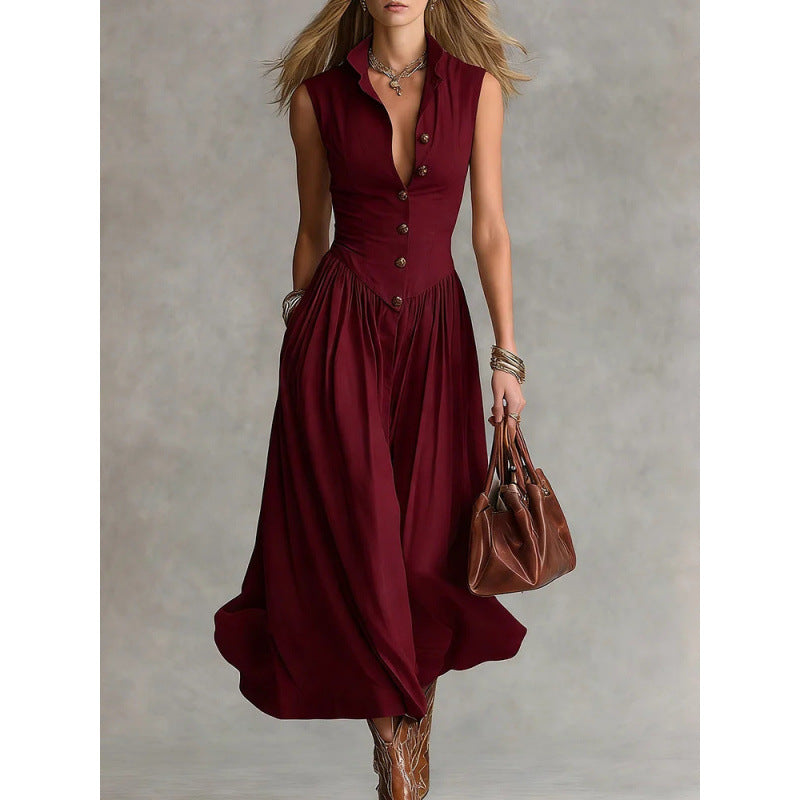 Women's Sleeveless Lapel Collar Maxi Dress – Slim Fit Patchwork FitiqueFit