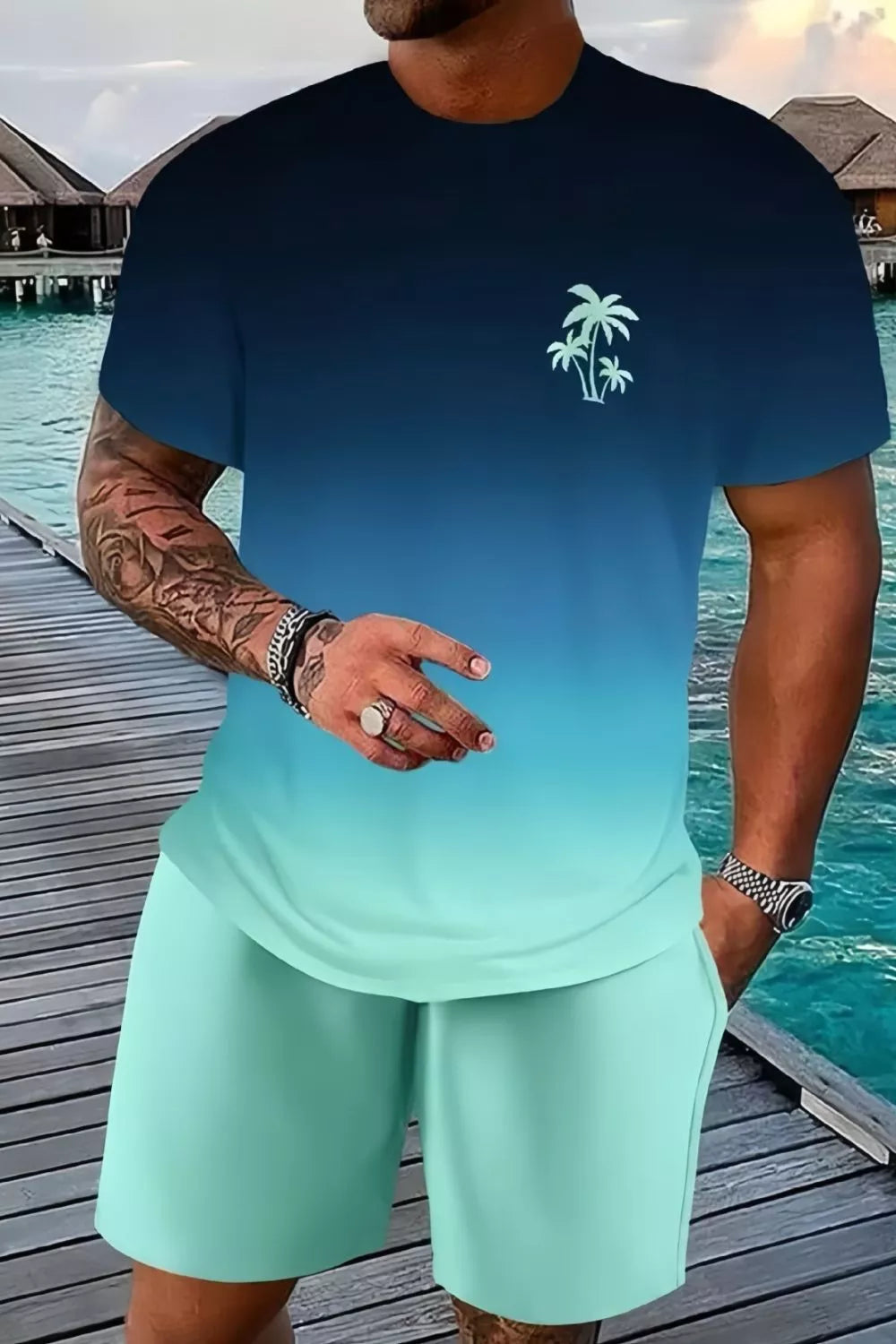 Men's Full Size Tropical Print Casual Tee and Shorts Set Plus Size New Era Fashion LLc