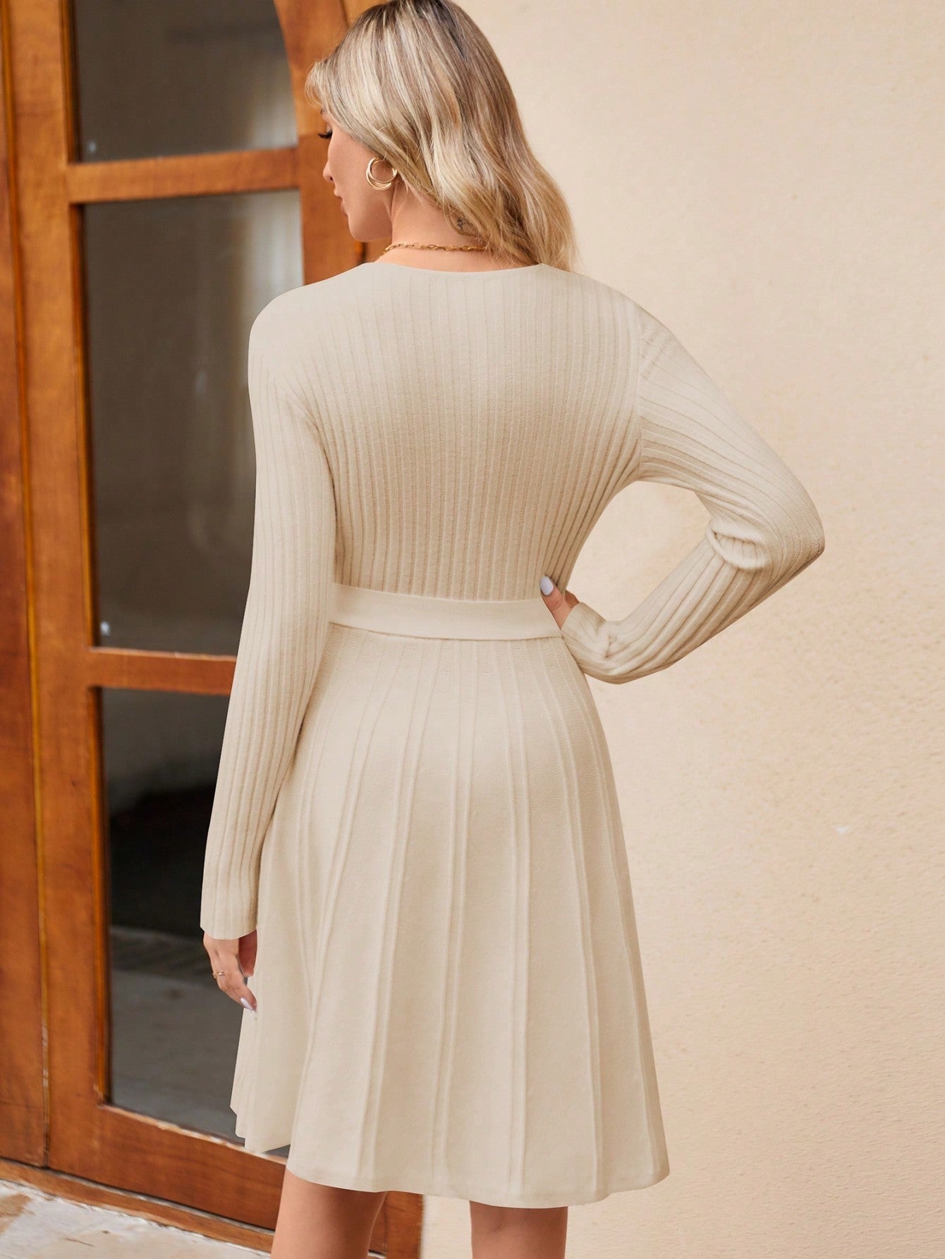 Women's Wrap A-Line Knit Dress Long Sleeve FitiqueFit