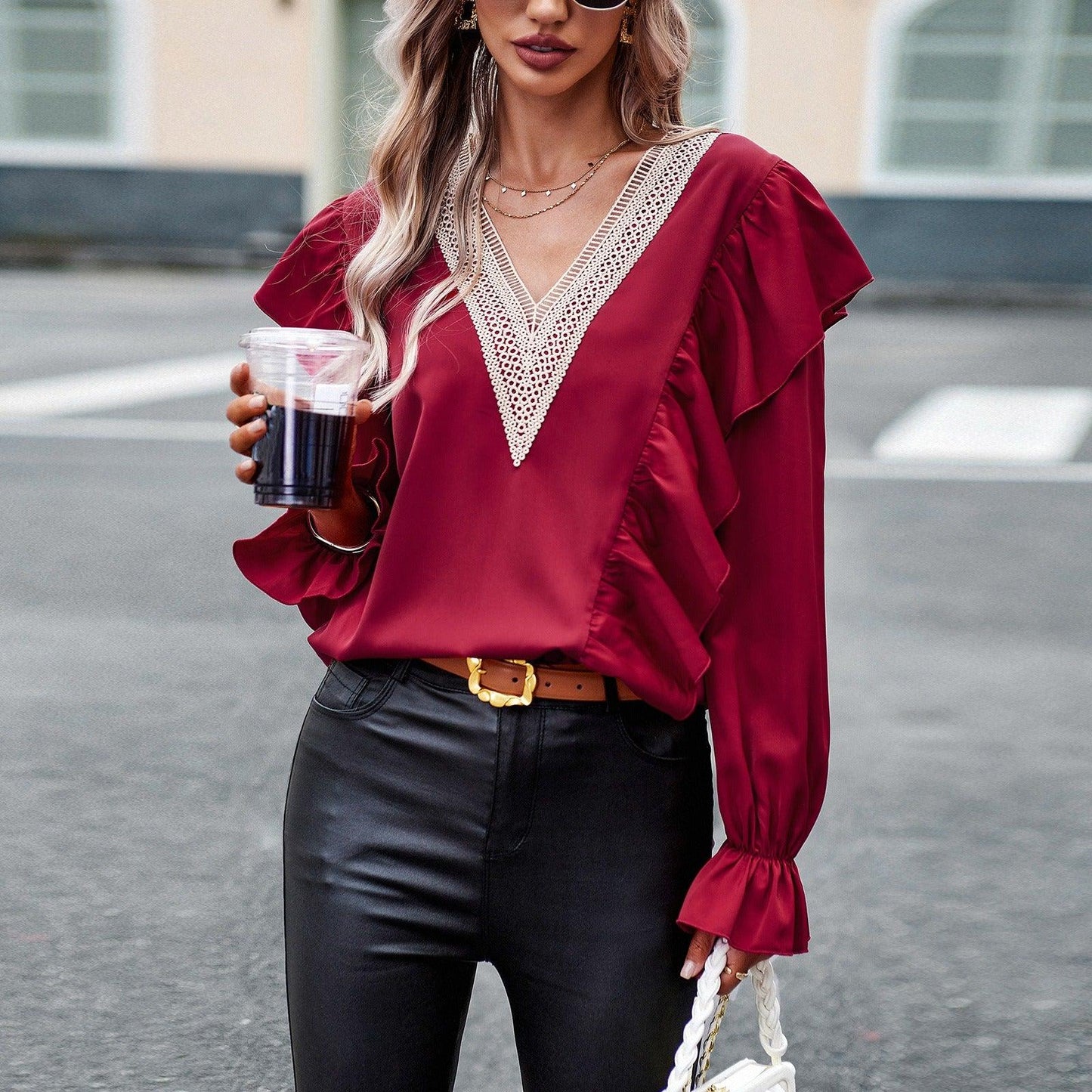 Demure Commuter V-Neck Long Sleeve Shirt Country in My Heart