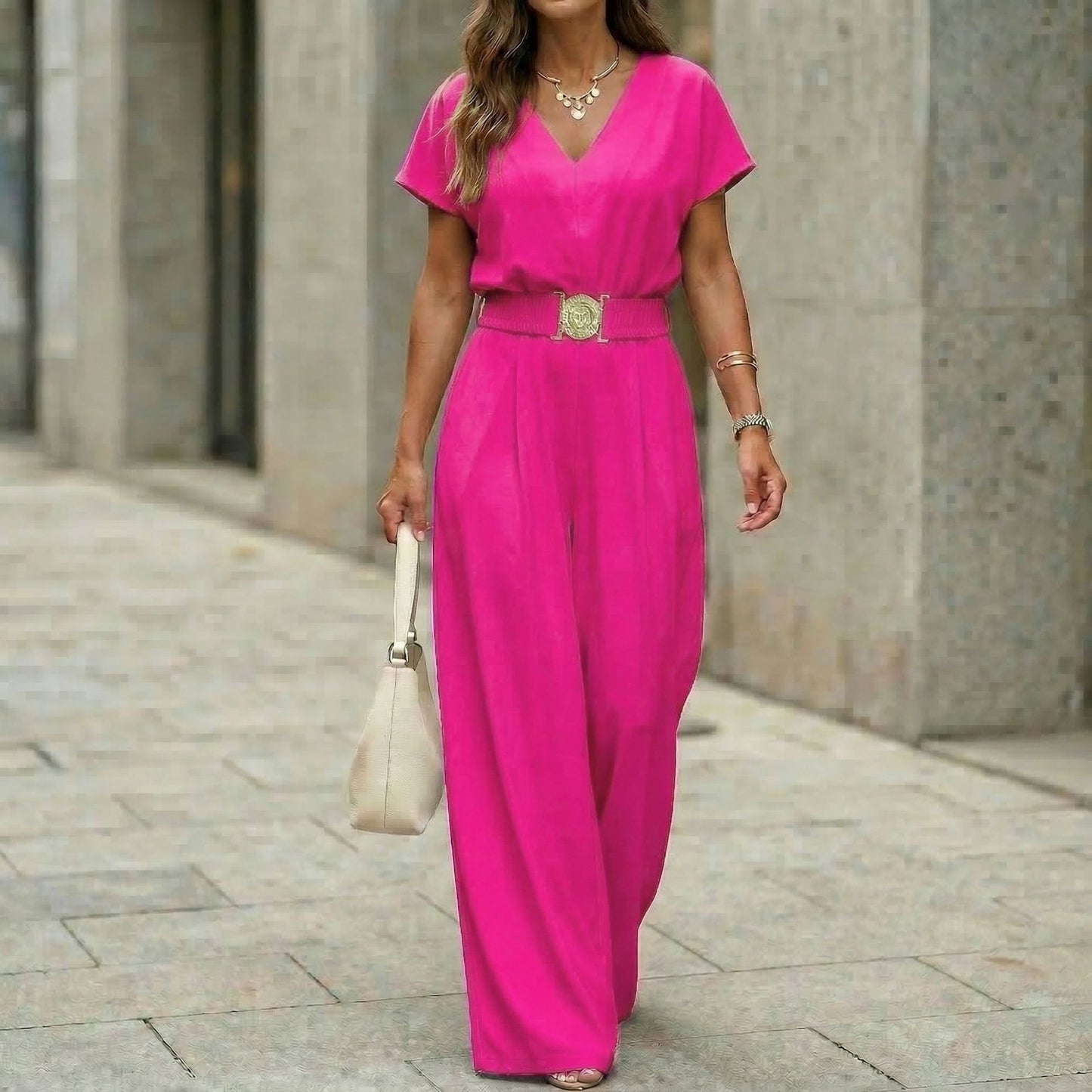 Women's V-Neck Belted Wide-Leg Jumpsuit FitiqueFit