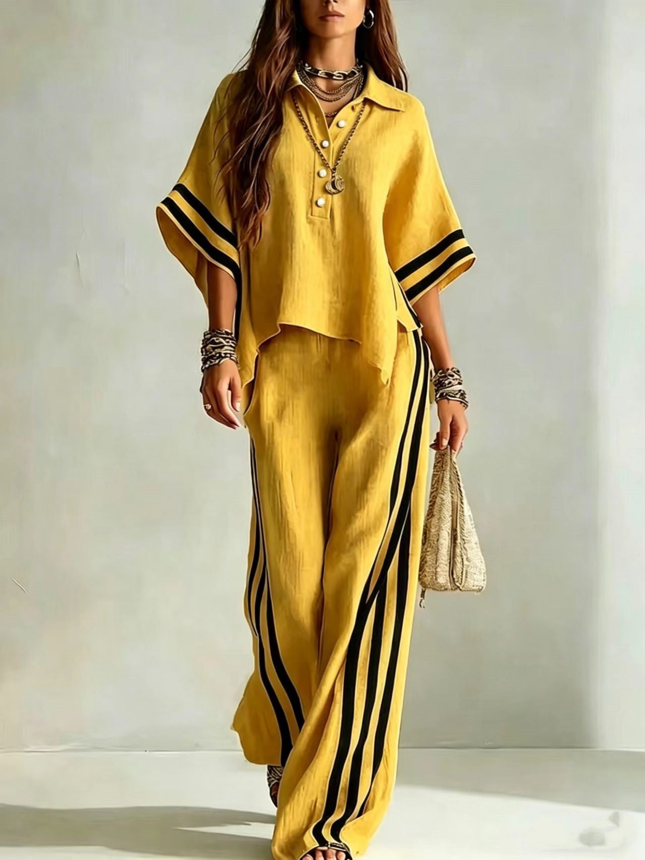 Women's Short-Sleeve Shirt & Loose Pants Two-Piece Set FitiqueFit