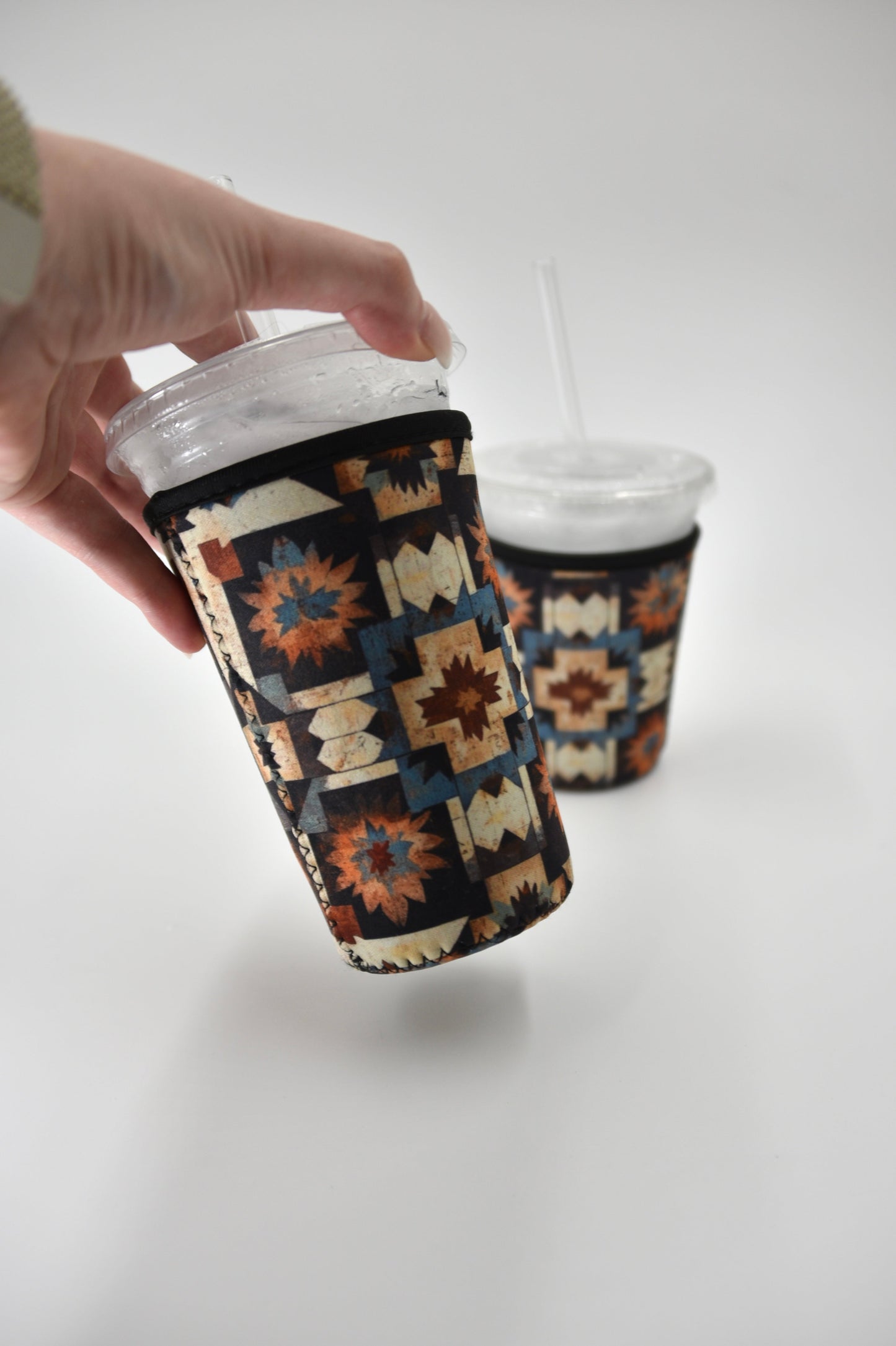 Southwestern Quilt Aztec Coffee Sleeve | Reusable Neoprene Iced Coffee Cup Cover (16–24oz) BashDesignsCo
