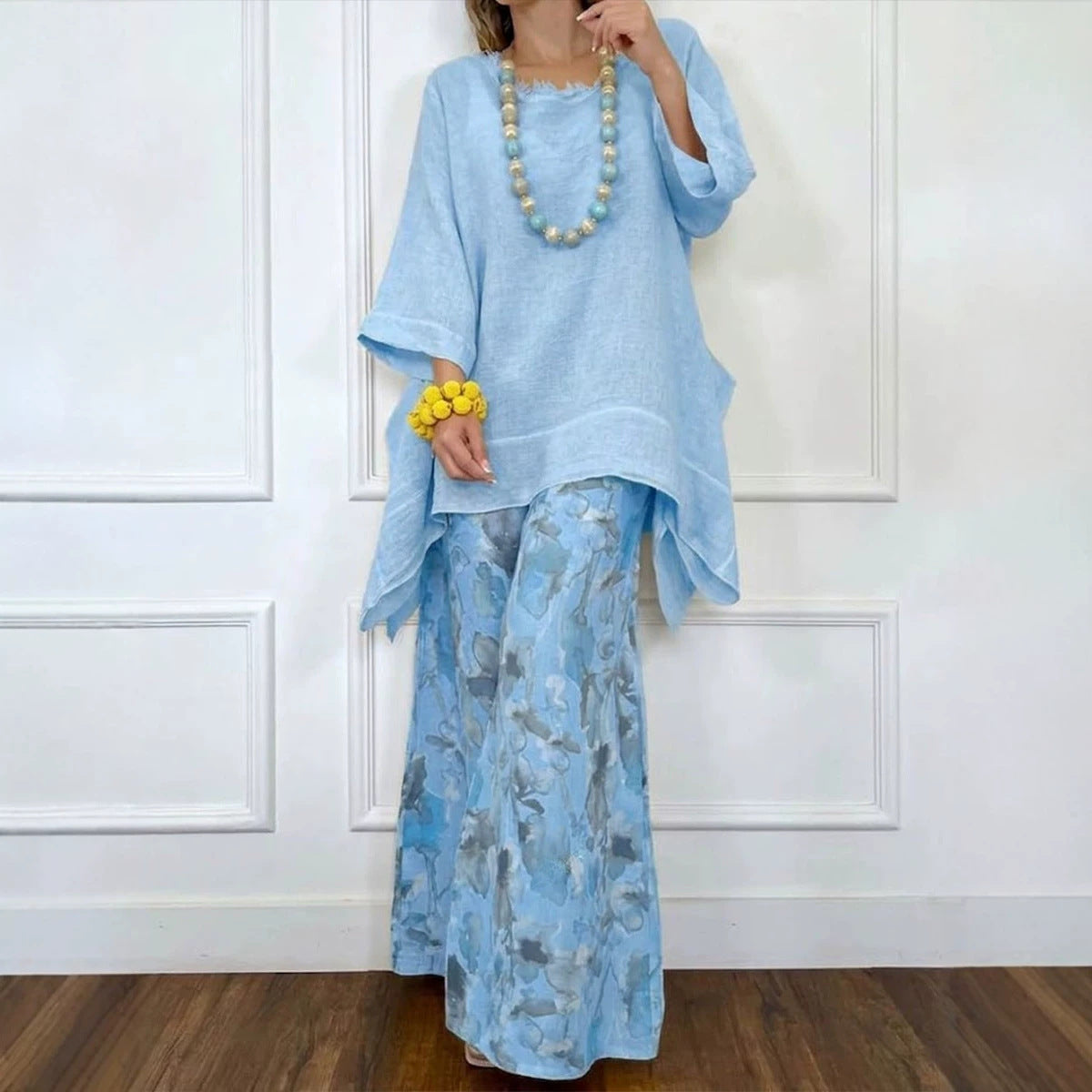 Cotton-Linen Irregular Hem Drop-Shoulder Top & Wide-Leg Pants Set | 3 Colors FitiqueFit