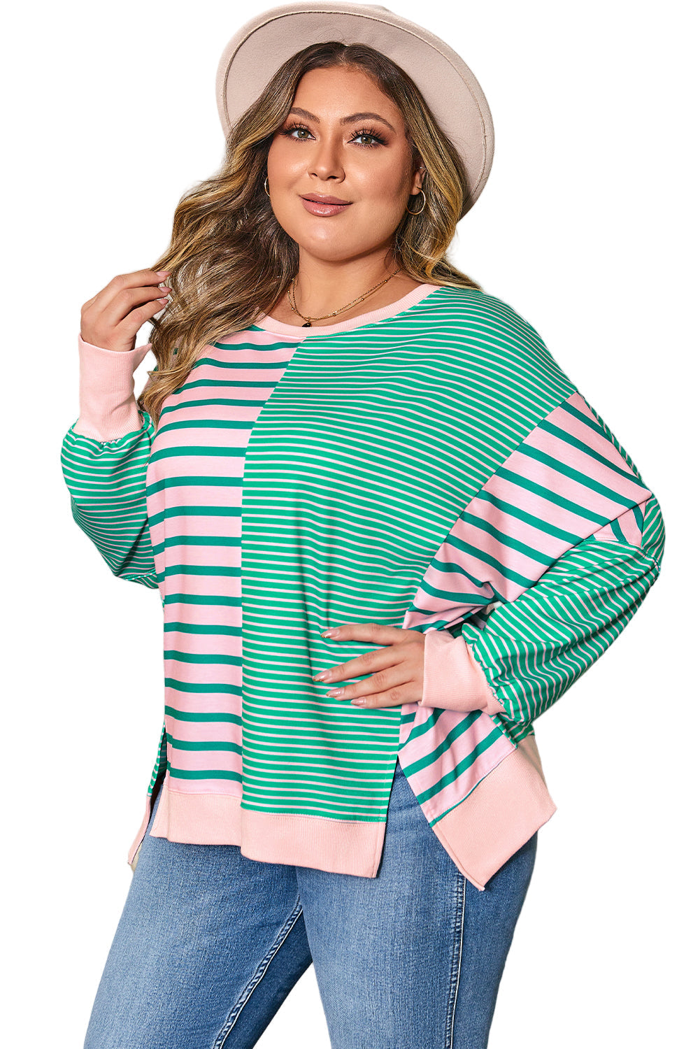 Green Stripe Color Block Exposed Seam Side Slit Plus Size Sweatshirt Garden Naked Curves