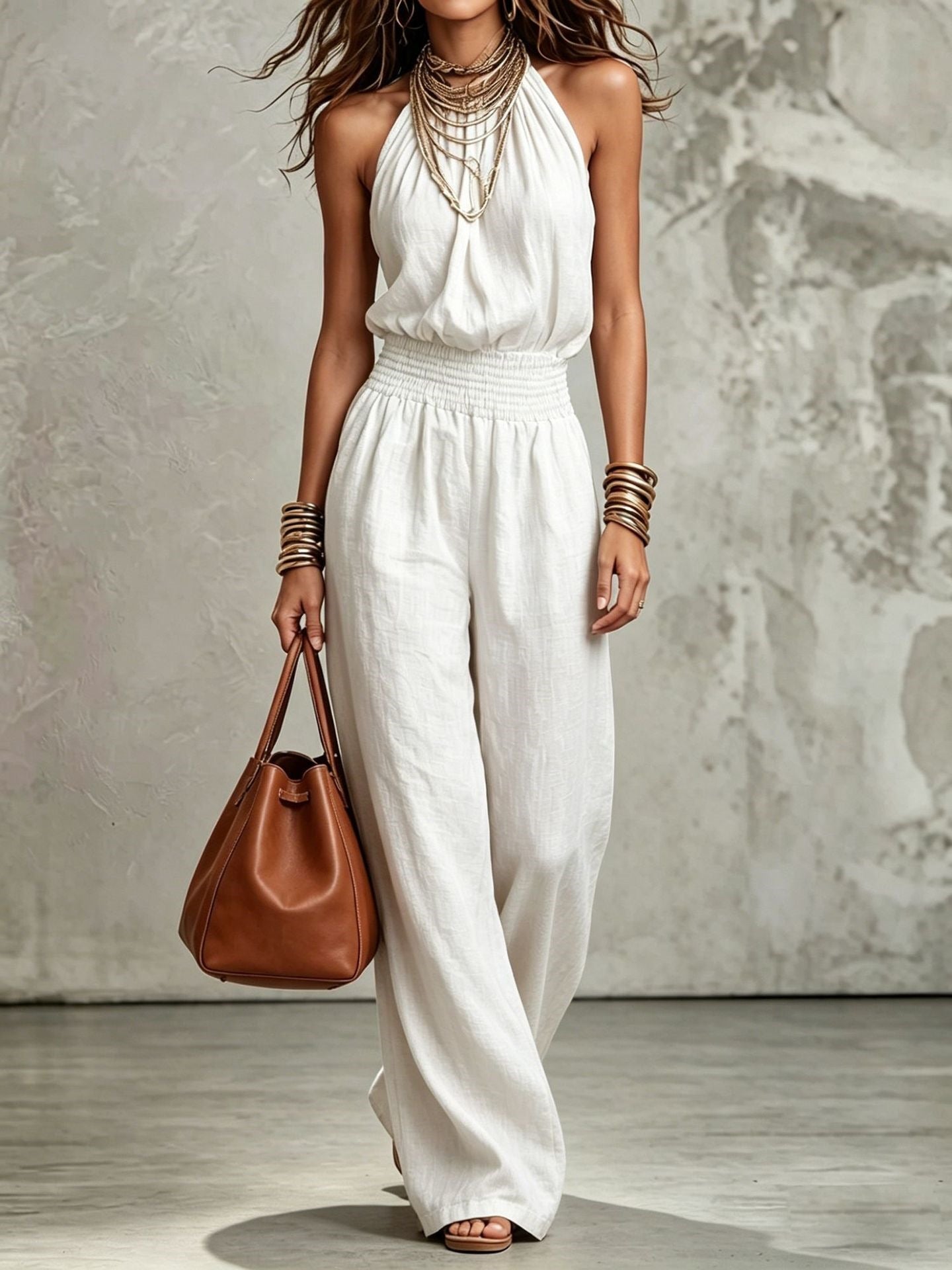 Women's Sleeveless Backless Lace-Up Halter Wide-Leg Jumpsuit FitiqueFit