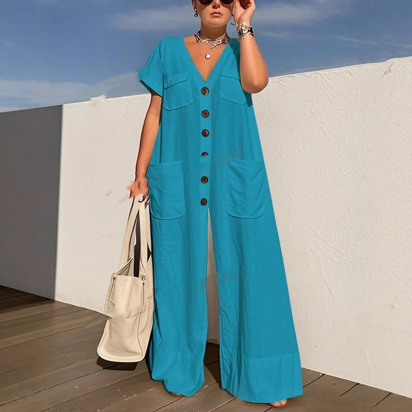 Single-breasted Pocket Elegant Solid Color Jumpsuit Grayceful LLC