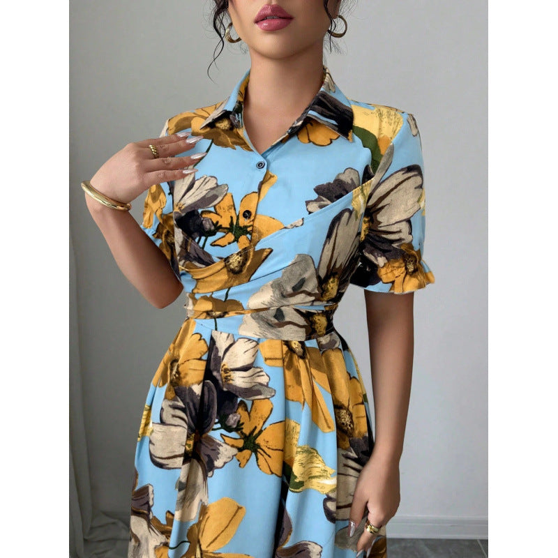 Women’s Printed Puff Sleeve Dress – Blouse Collar Cross-Tie Waist Style FitiqueFit