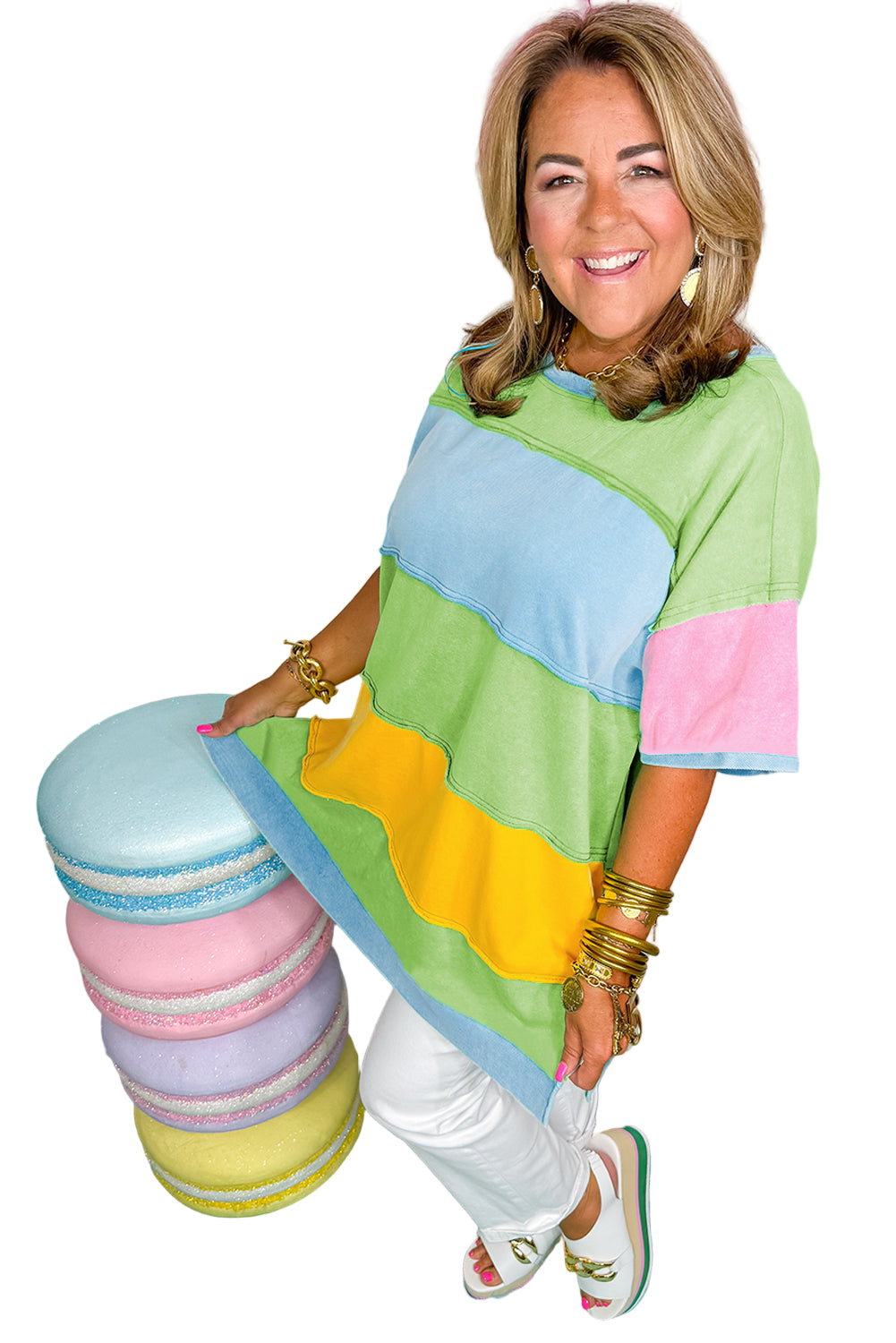 Light Blue Color Block Side Slit Plus Size T Shirt Garden Naked Curves