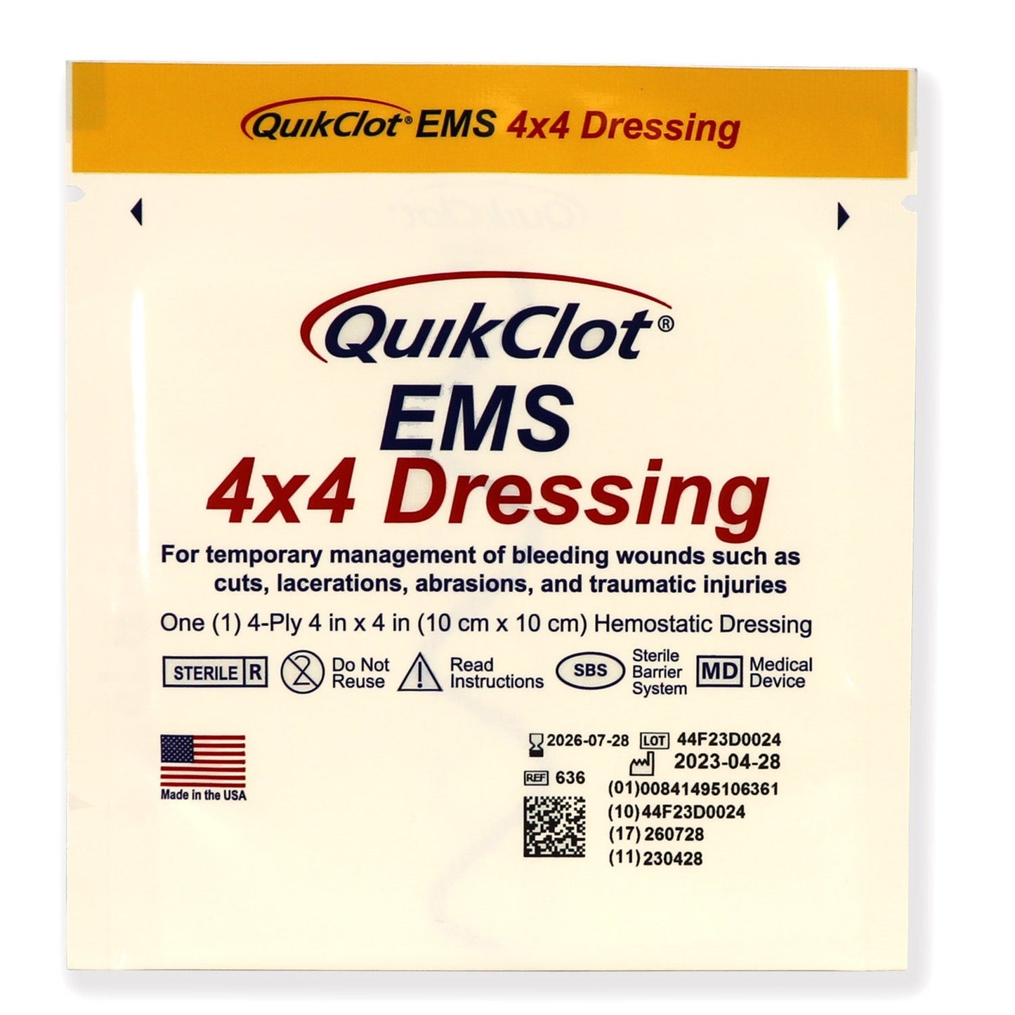 QuikClot EMS Dressing, 4" x 4" (10 cm x 10 cm) quakekits.com