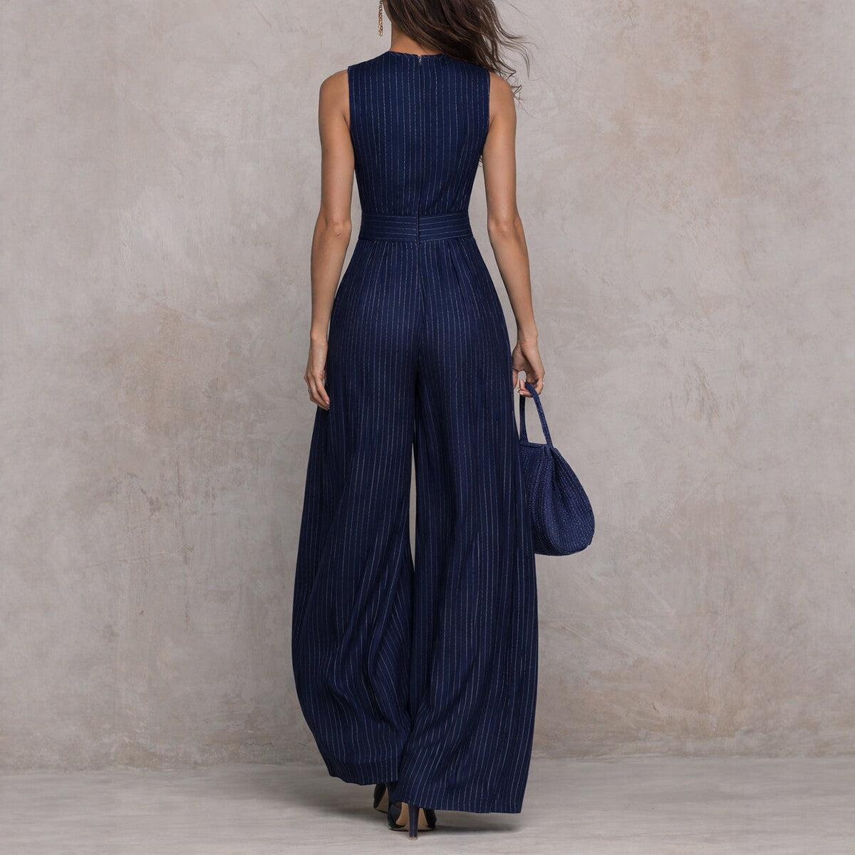 Women's Sleeveless Striped Wide-Leg Jumpsuit with Pockets FitiqueFit