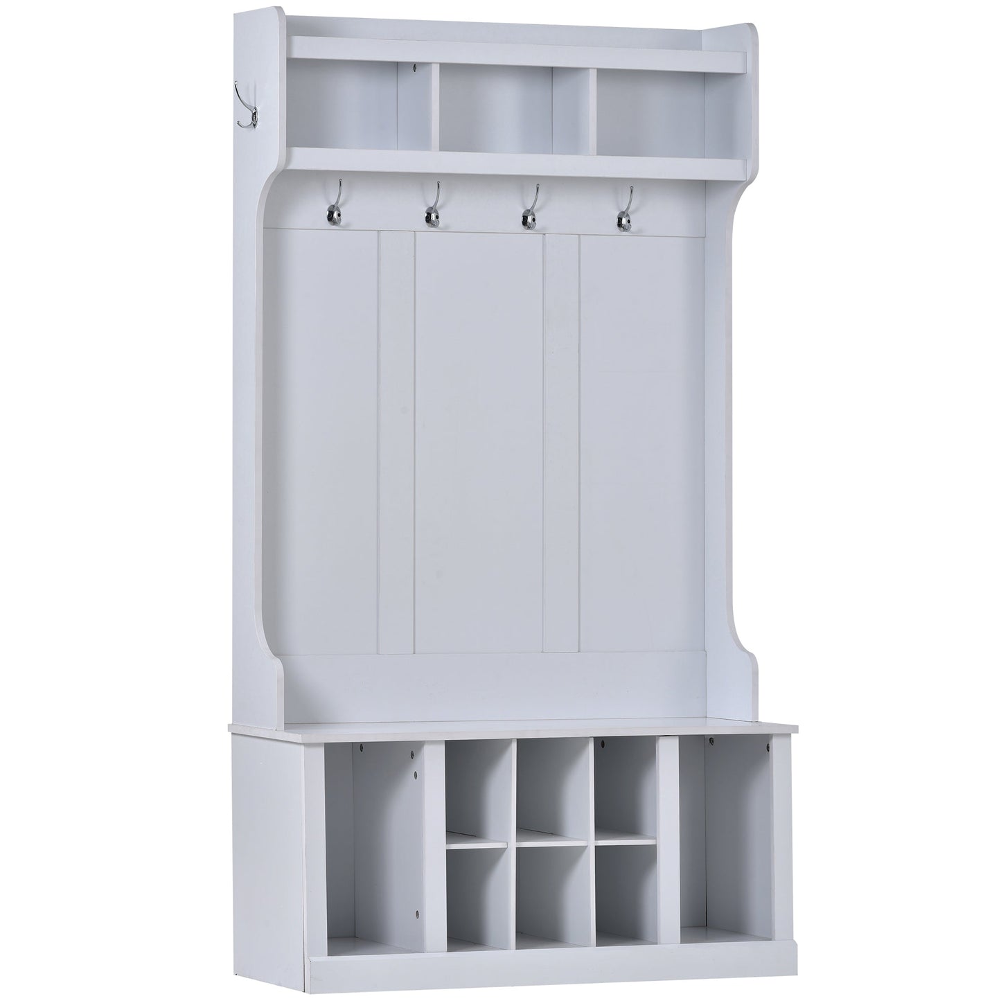 U-Can Hall Tree with 6 Hooks Coat Hanger Entryway Bench Storage Bench (White)