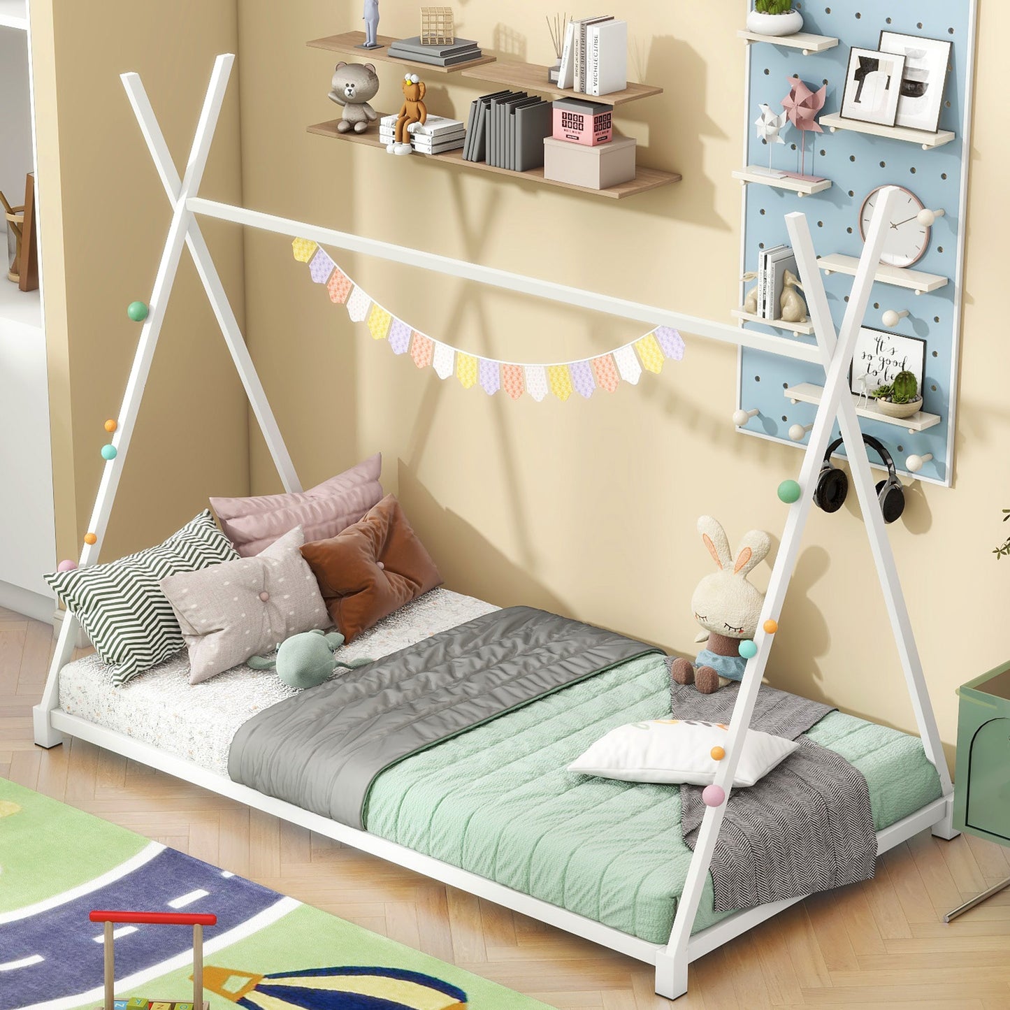 Metal Twin Size House Platform Bed with Triangle Structure White