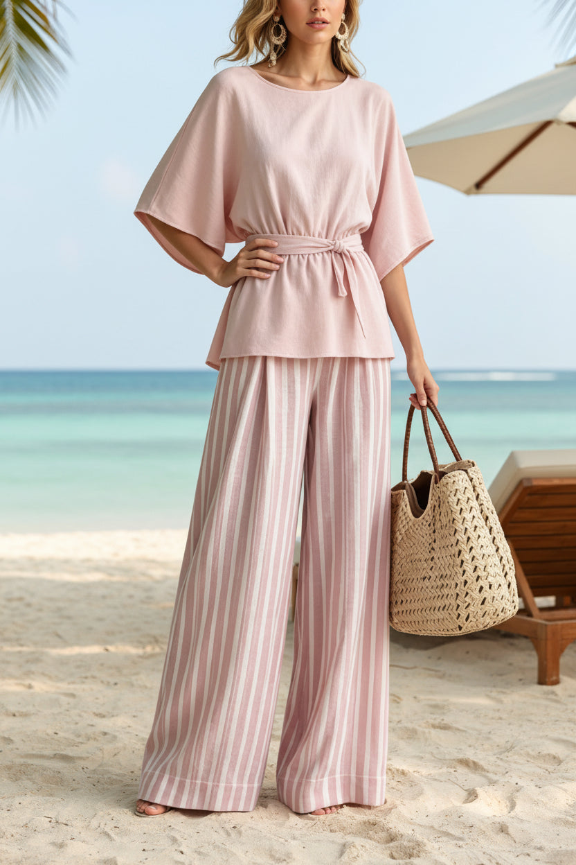 Pink Batwing Waist-Tie Top & Striped Wide-Leg Pants Set | S–2XL FitiqueFit