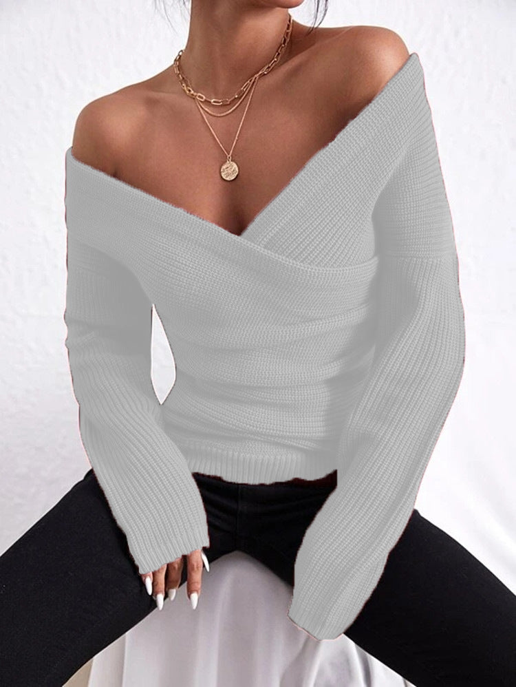 Women's Off-Shoulder Crossover Knit Sweater – Slim Fit Long Sleeve FitiqueFit