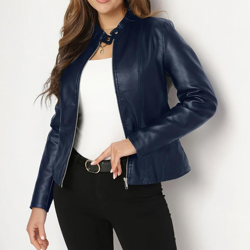 Women's Solid Color Long Sleeve Stand Collar Faux Leather Blazer FitiqueFit