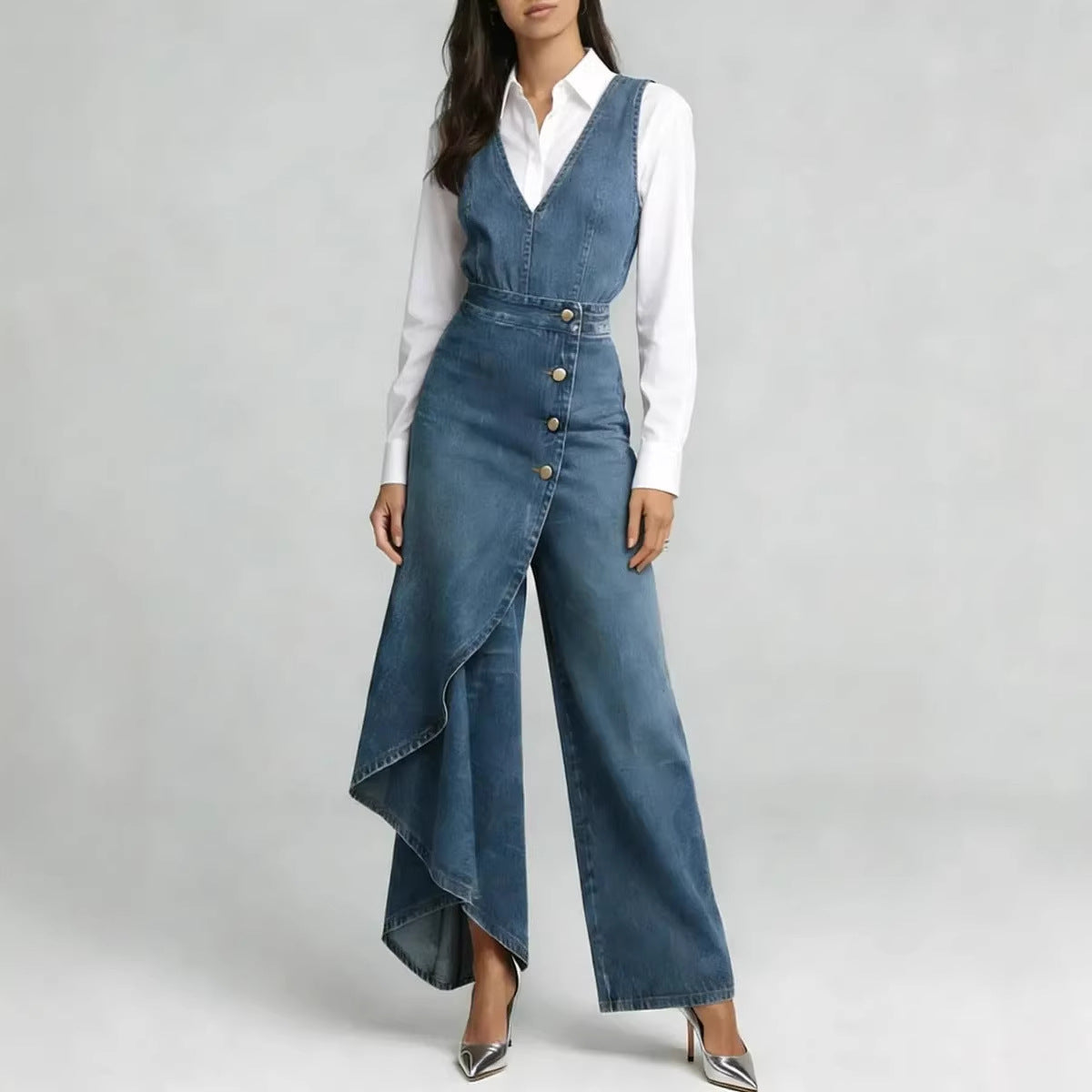 Women’s Western-Style V-Neck Asymmetrical Denim Jumpsuit FitiqueFit
