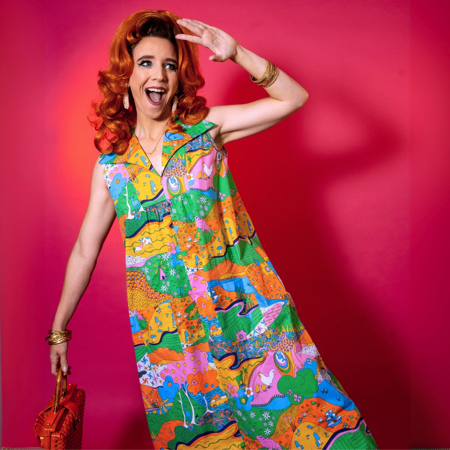Glam Maxi House Dress in Rainbow Landscape Blue Platypus Clothing