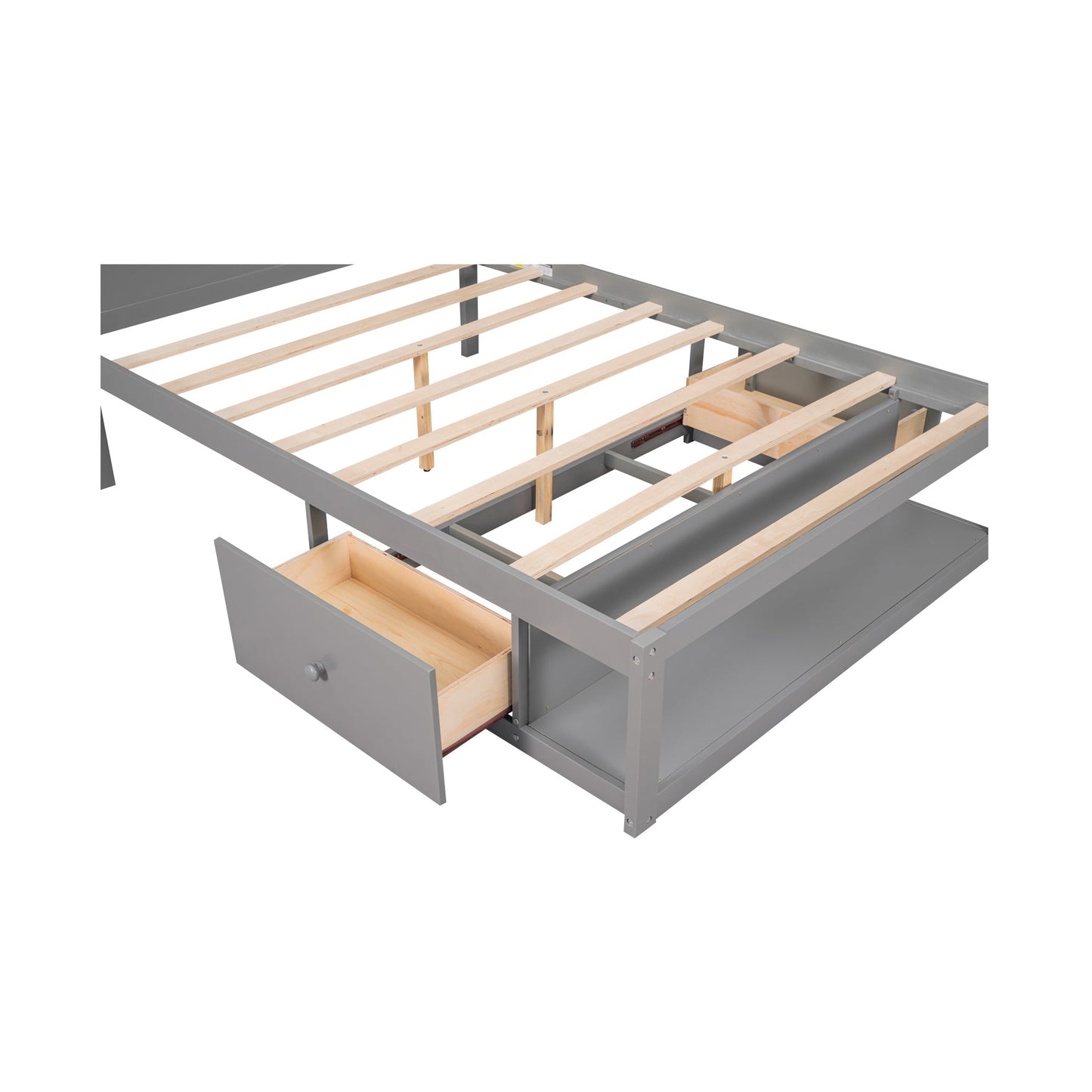 Full Size Platform Bed with Drawer on the Each Side and Shelf on the End of the Bed Gray