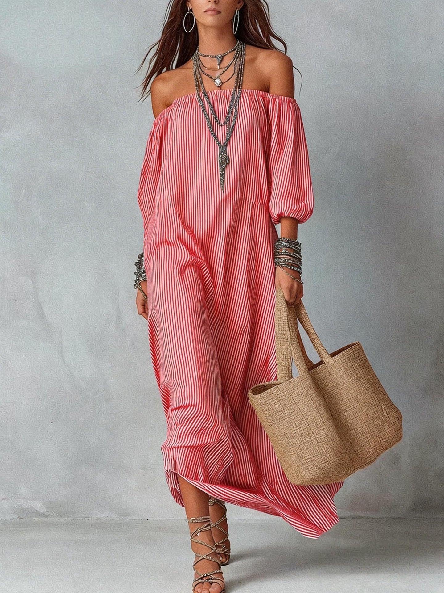 Women's Striped Loose-Fit Flared Maxi Dress – Holiday & Vacation FitiqueFit