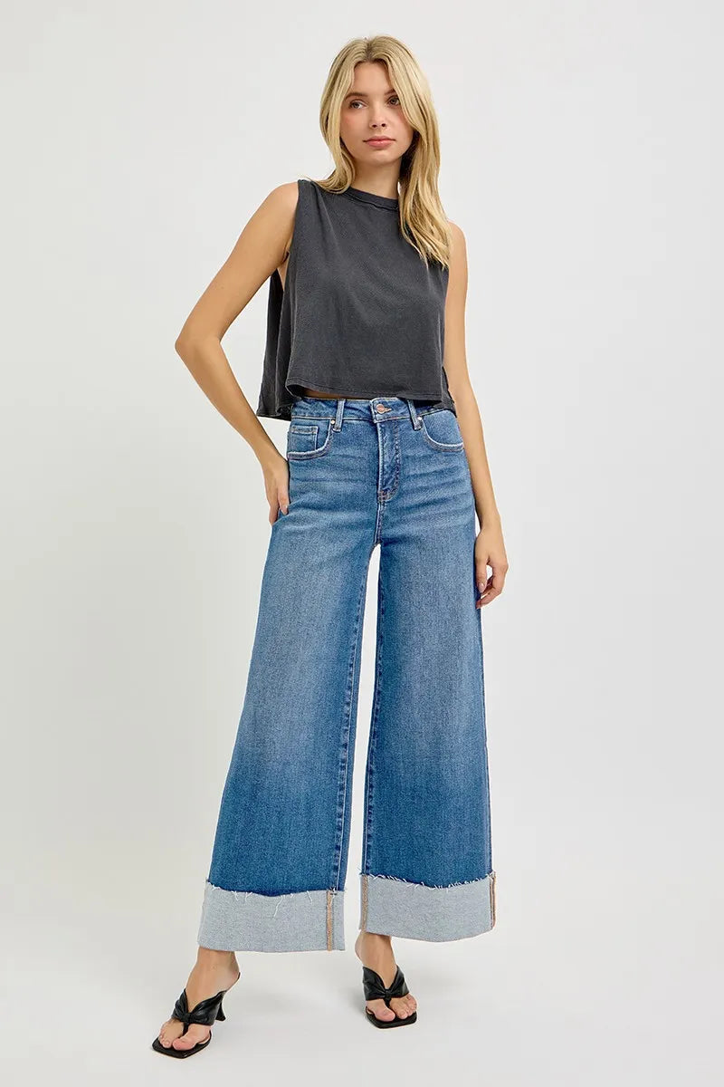 RISEN Full Size Tummy Control High Rise Crop Wide Cuffed Jeans Plus Size West2East Surf