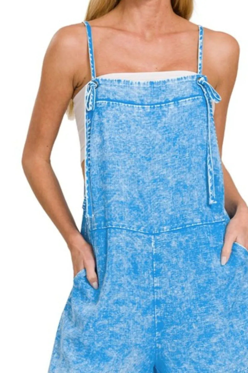 Zenana Washed Linen Knot Strap Rompers West2East Surf