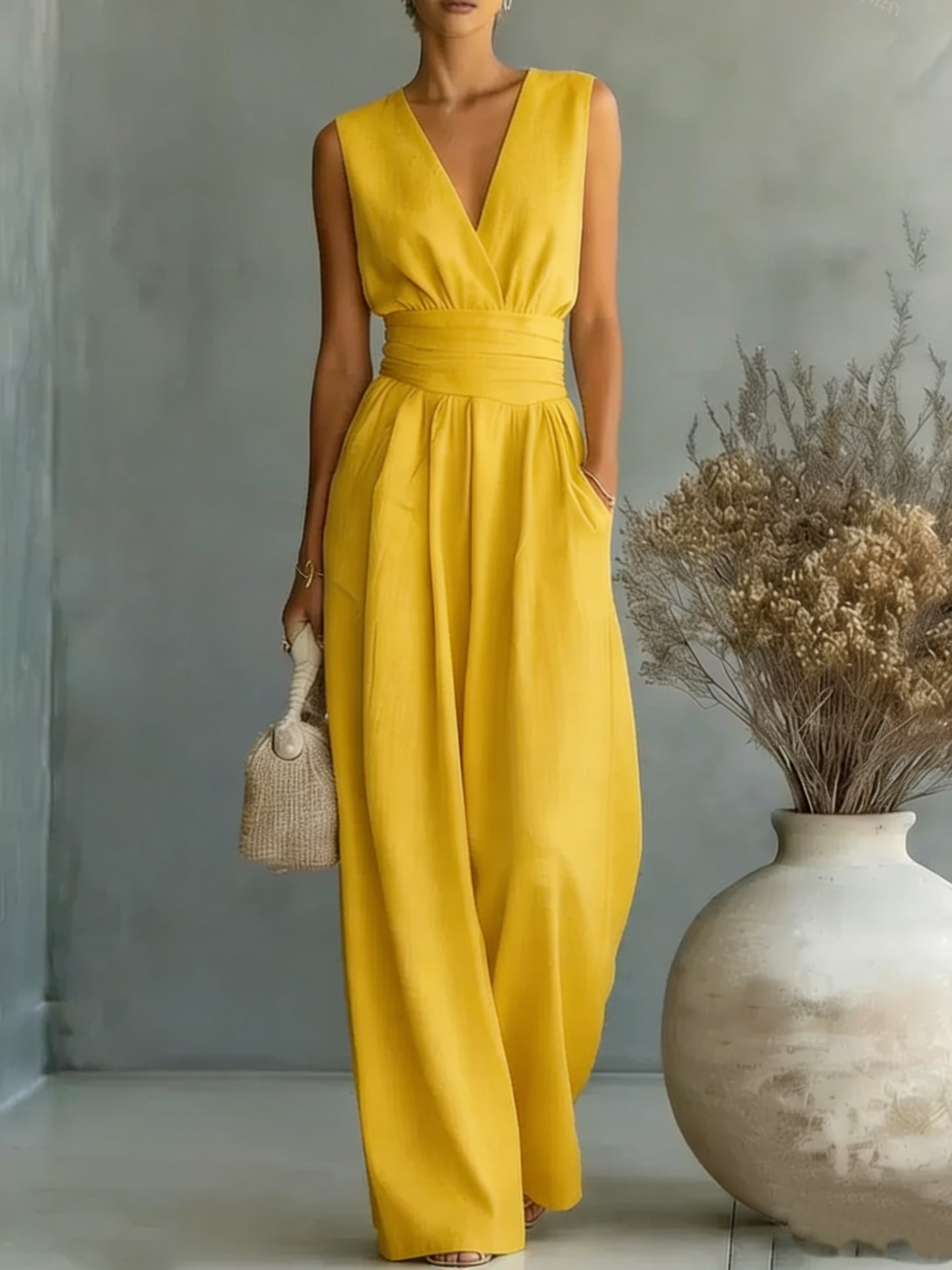 Women's Elegant V-Neck Sleeveless Jumpsuit – Waist-Cinching Straight Leg FitiqueFit